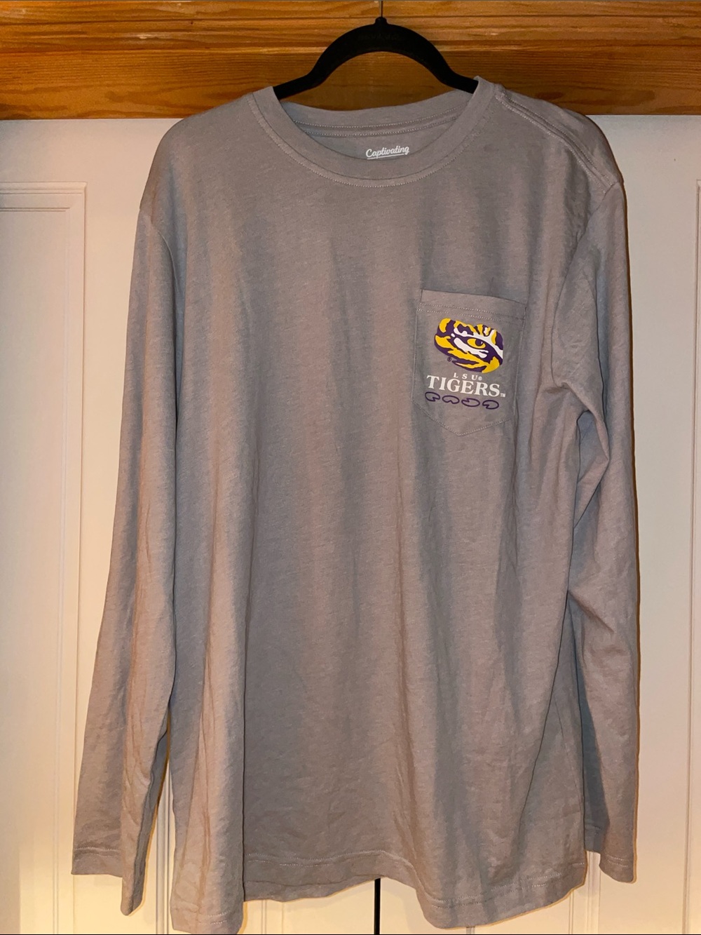 LSU Gray Long-Sleeve Pocket Tee with Tigers Logo